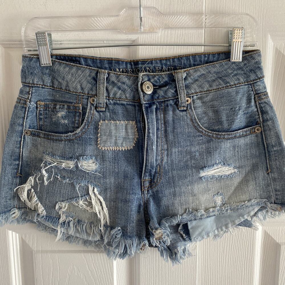 American Eagle Hi-Rise Shortie Womens 2 Blue Distressed Denim Shorts Cotton Y2K